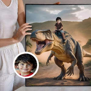 Portrait personnalisé de dinosaure jurassique T-Rex d'équitation d'enfant, portrait personnalisé à partir de photo, portraits personnalisés, enfant personnalisé avec dinosaure