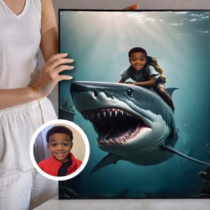 Custom Child Riding Shark Portrait, Custom Megalodon Portrait From Photo, Personalized Shark Portrait