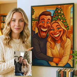 Custom funny caricature portrait from photo held by a woman, showing comparison between real photo and cartoon drawing, personalized Christmas gift.