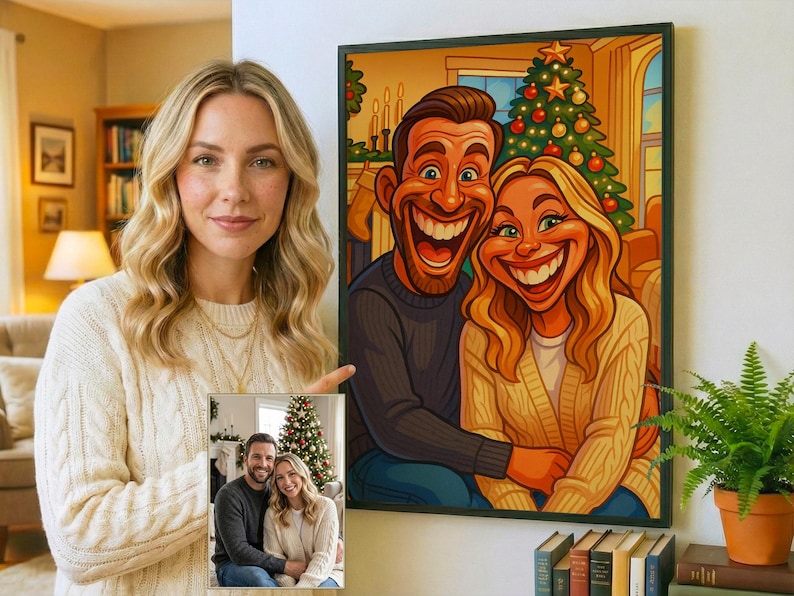 Custom funny caricature portrait from photo held by a woman, showing comparison between real photo and cartoon drawing, personalized Christmas gift.
