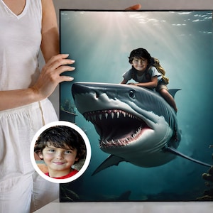 Personalized Child Riding Shark Portrait, Custom Megalodon Portrait From Photo, Personalized Shark Portrait