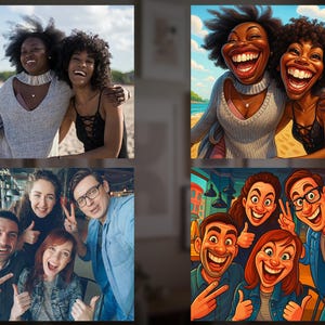 Best friends and group selfie funny caricatures, side by side comparison of real photos and cartoon drawings, unique gift for friends.