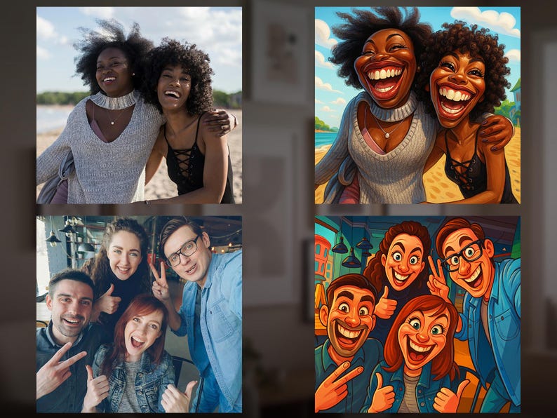 Best friends and group selfie funny caricatures, side by side comparison of real photos and cartoon drawings, unique gift for friends.