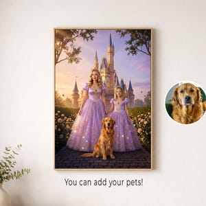 Mother, daughter and their golden retriever in a personalized pink princess portrait