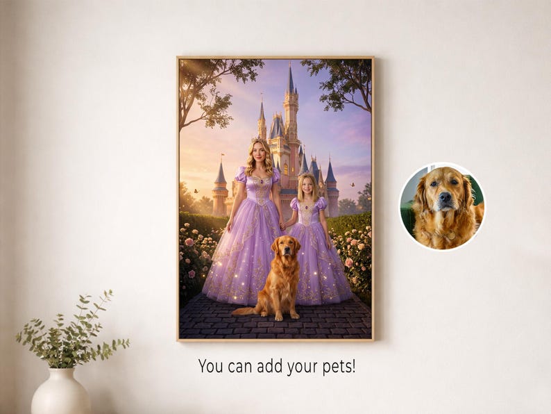 Mother, daughter and their golden retriever in a personalized pink princess portrait