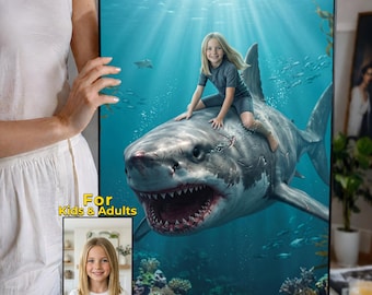 Custom Kid Riding Shark Portrait from Photo, Personalized Megalodon Art, Ocean Birthday Gift