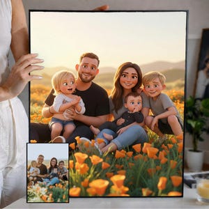 Può includere: Un ritratto di famiglia incorniciato con una rappresentazione stilizzata a cartoni animati di una famiglia di cinque persone, seduta in un campo di fiori arancioni. Il ritratto è tenuto da una persona che indossa un vestito bianco. Una versione più piccola dell'immagine si trova nell'angolo in basso a sinistra.