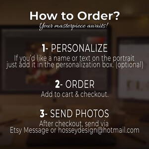 How to order custom digital portrait infographic, steps to personalize, purchase and send photos for HosseyDesign Etsy shop.