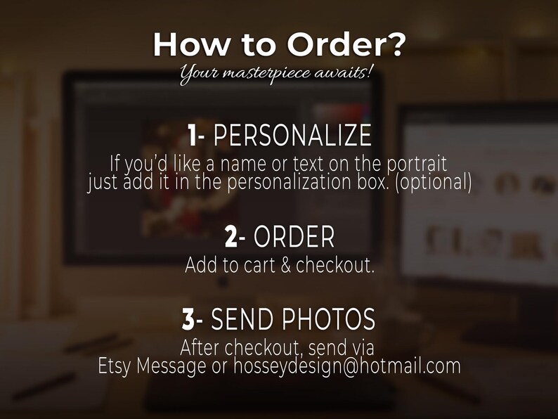 How to order custom digital portrait infographic, steps to personalize, purchase and send photos for HosseyDesign Etsy shop.