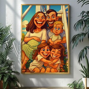 Funny family caricature poster hanging on wall, exaggerated cartoon drawing of parents and three kids, funny big head style digital art decor.