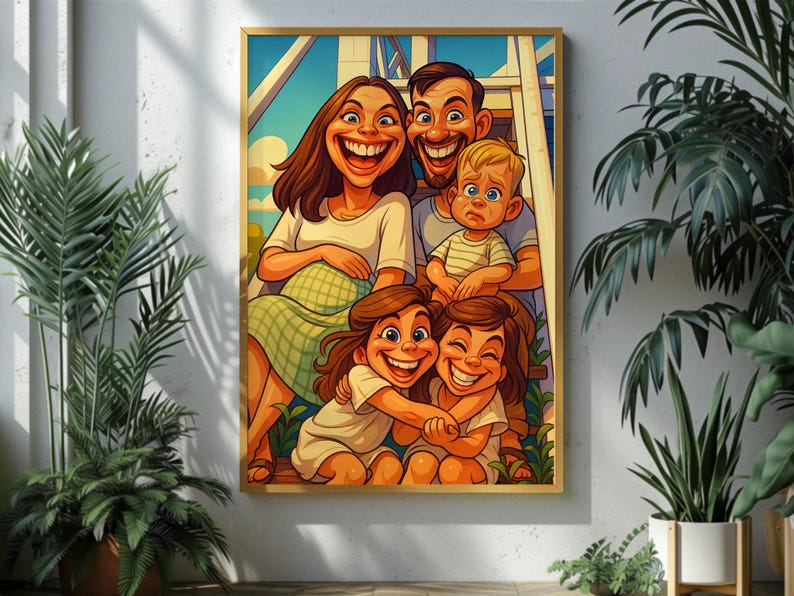 Funny family caricature poster hanging on wall, exaggerated cartoon drawing of parents and three kids, funny big head style digital art decor.