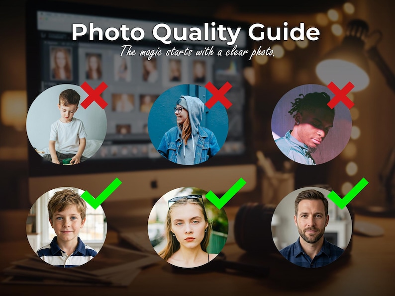 Photo quality guide showing good and bad reference photo examples