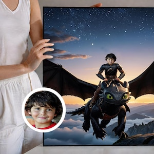 Custom Dragon Portrait, Ride Toothless Illustration, Personalized Kid Artwork, How to Train Your Dragon, Face Swap Poster, Toothless Dragon