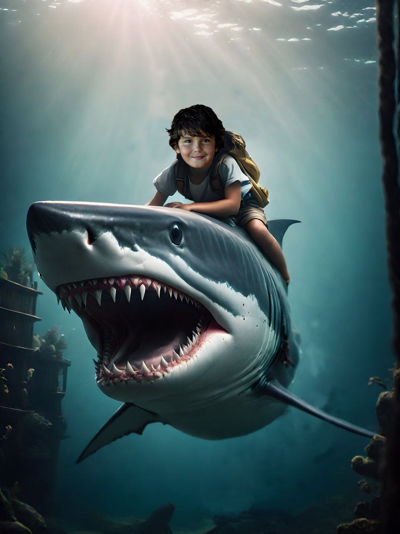 Personalized Child Shark Portrait: Custom Megalodon Art From Photo - Etsy