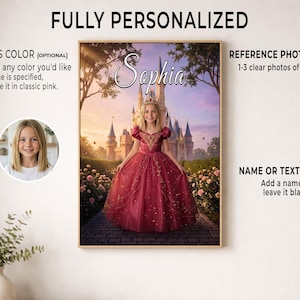 Personalized princess portrait in a red dress with the name Sophia, shown with the original photo