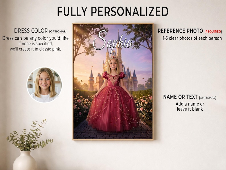 Personalized princess portrait in a red dress with the name Sophia, shown with the original photo
