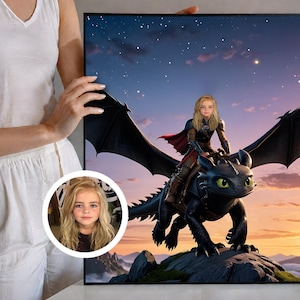 Riding Dragon Portrait, Custom Girl on Toothless Portrait, Personalized How to Train Your Dragon Art, Custom Girl Portrait