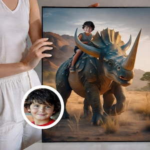 Portrait personnalisé de dinosaure jurassique chevauchant un tricératops, portrait personnalisé à partir d'une photo, portraits personnalisés, tricératops jurassique