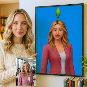 Pode incluir: Uma impressão de arte digital emoldurada com uma mulher em blazer rosa e top branco, com um diamante verde acima da cabeça, em um fundo azul. Uma mulher segura a impressão emoldurada, com uma imagem emoldurada menor de si mesma.