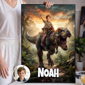 Custom Dinosaur Portrait from Photo, Jurassic T-Rex Rider Wall Art, Personalized Gift for Kids