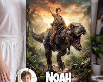 Custom Dinosaur Portrait from Photo, Jurassic T-Rex Rider Wall Art, Personalized Gift for Kids