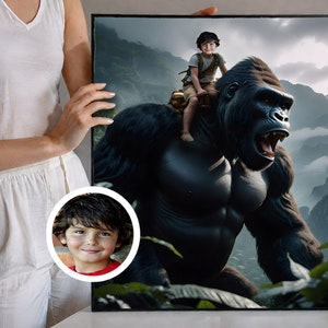 Ritratto personalizzato di un bambino che cavalca un gorilla di King Kong, bambini che cavalcano un gorilla, ritratto personalizzato da foto, ritratti personalizzati