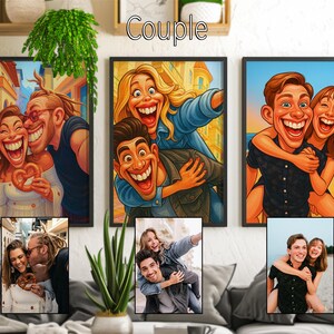 Hilarious couple caricature examples on wall, piggyback and selfie poses, custom cartoon portraits for couples anniversary or valentine gift.