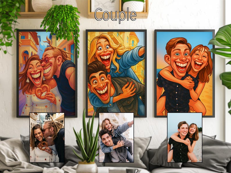 Hilarious couple caricature examples on wall, piggyback and selfie poses, custom cartoon portraits for couples anniversary or valentine gift.
