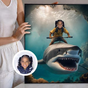 Personalized Child Riding Shark Portrait, Custom Megalodon Portrait From Photo, Personalized Shark Portrait