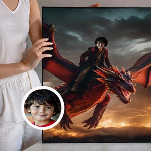 Personalized Boy Riding Dragon Portrait, Custom Child Dragon Portrait, Custom Portrait From Photo, Personalized Portraits