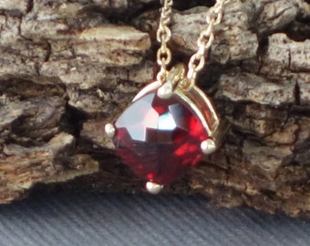 14k Garnet Pendant, Cushion Cut Garnet Pendant, 6mm Garnet Pendant, Yellow Gold Pendant,