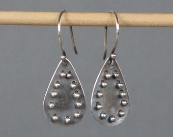 Silver Teardrop Earrings, Studded Earring, Textured Dangle Earring, Pinned Earrings, Black and Silver earrings,