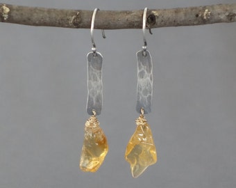 Raw Citrine Earrings, Citrine Earrings, Artisan Gemstone Earring, Birthstone earrings, Long Rustic Earrings