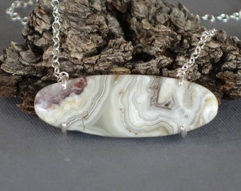 Agate Pendant, Natural Stone Pendant, Large Pendant, Agate Necklace, Oval Pendant, Prong set, Everyday Necklace