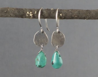 Turquoise Dangle Earrings, Distressed Silver Disk with Turquoise Dangle, Turquoise Teardrop shaped Earrings