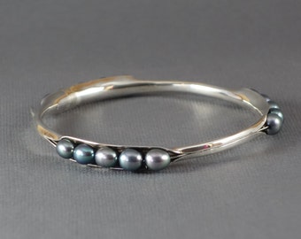 Pearl Bracelet, Anticlastic Pearl Bangle, Blue Pearl Bangle, Metalwork Bangle, Birthstone Bracelet