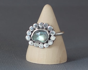 Labradorite Ring, Flower Ring, Silver Flower Ring, Dot Ring