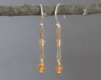 Silver and Gold Earrings, Garnet dangle earrings, Two Toned Garnet Earrings, Hessonite Garnet Earrings, Stick Earrings