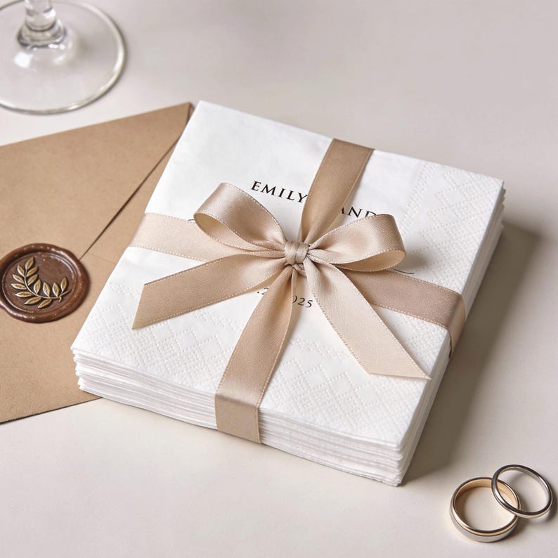 May include: A stack of white napkins tied with a beige satin ribbon and bow. The napkins are printed with the text "EMILY AND 2025". A brown envelope with a wax seal and two wedding rings are also in the image.