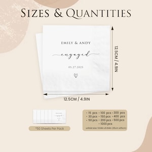 May include: White paper napkins with the text "EMILY & ANDY engaged 05.27.2025" and a heart symbol. The napkins are 4.9 inches (12.5 cm) square. The image also shows size and quantity options.