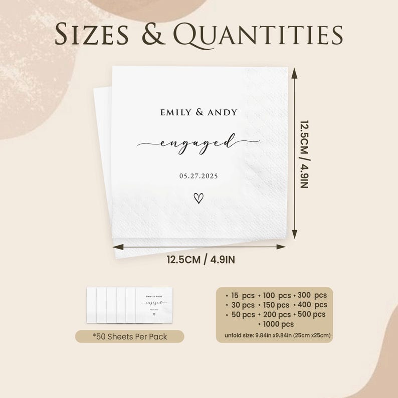 May include: White paper napkins with the text "EMILY & ANDY engaged 05.27.2025" and a heart symbol. The napkins are 4.9 inches (12.5 cm) square. The image also shows size and quantity options.