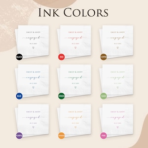 May include: A display of personalized wedding napkins in various ink colors. Each napkin features the names "EMILY & ANDY", the word "engaged", the date 05.27.2025, and a heart symbol. Ink color options include black, red, coffee, blue, green, sage, purple, orange, and pink.