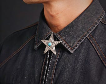 Turquoise Western Star Bolo Tie - Texas Cowboy Leather Necktie , Groomsmen Wedding Gift , Vintage Mens Bolero Tie , Rustic Country Jewelry