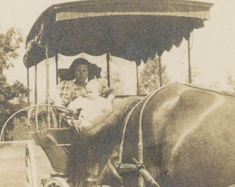 vintage photo 1908 Children riding in a horse drawn wagon with surrey with a fringe on top