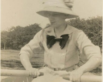 vintage photo 1914 Sailor Dress Woman Rows Her Boat
