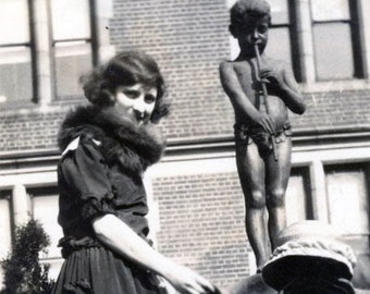 vintage photo 1929 Young Flapper Woman Beauty Fur Collar w Cherub Pan Flute Fountain 1 F
