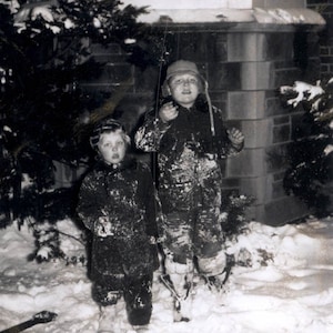 vintage photo Little Boys at Night Covered in Snow by House 1960