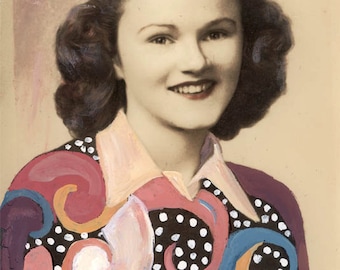 vintage photo original Goauche Mixed Media Altered Photo Geometric Shirt Young Lady