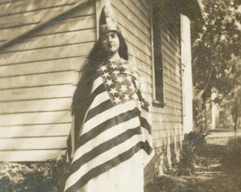 American Lady Liberty Flag Dress Woman  Greeting card tinted vintage photo