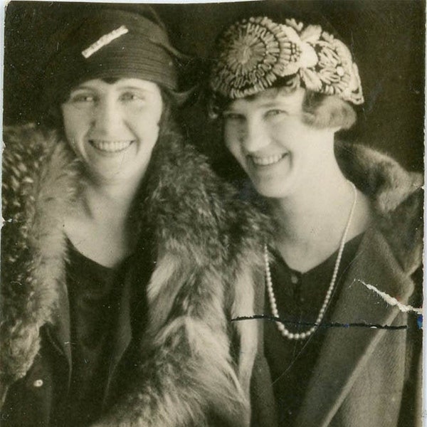 RESERVED for Jennifer vintage photo 1922 Two Flapper Gals With Very Ornate Designed Hats and Fur Wrap 47 V